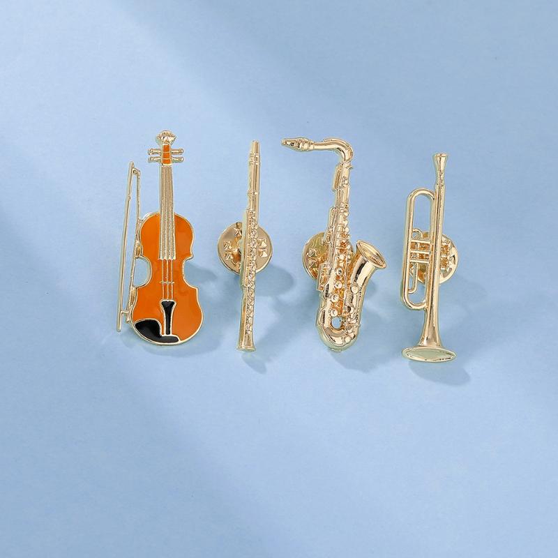 1Pcs Symphony Orchestra Badge Funny Musical Instruments Enamel Brooches Trumpet Clarinet Saxophone Violin Shaped Golden Pins