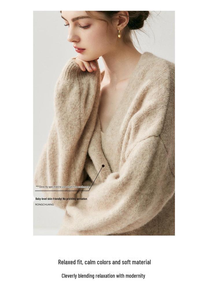 Women's Alpaca Cashmere Blend Collarless Cardigan - Thickened Long Sleeve Sweater for Fall/Winter