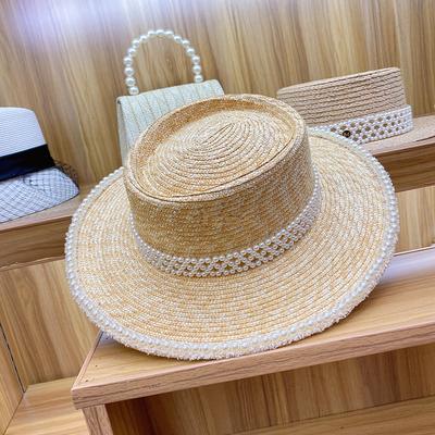 202504-nu Ins Chic Summer Natural Straw  Customized Tweed Pearl Ribbon Holiday Lady Sun Cap Women Leisure Panama Jazz  Hat