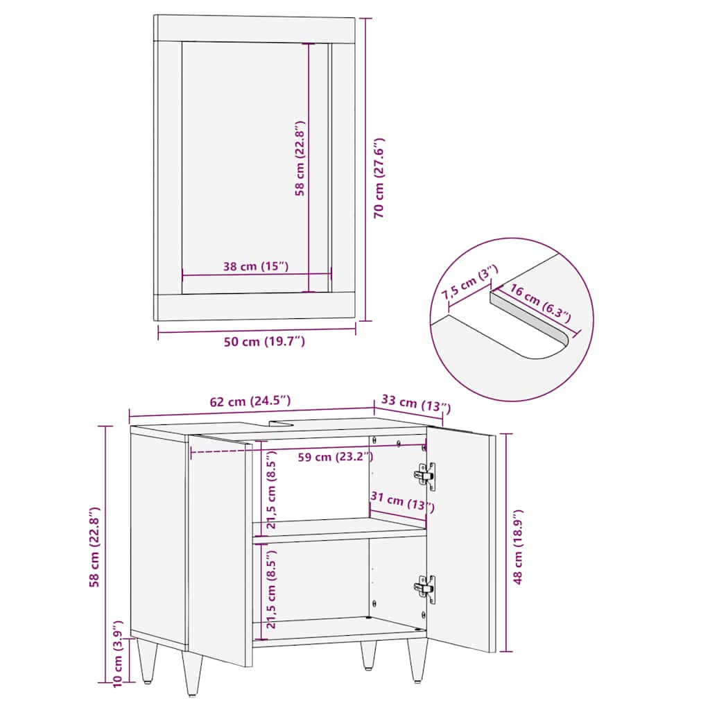 2 Piece Bathroom Furniture Set Solid Mango Wood