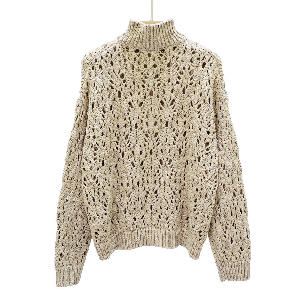 Winter Stand Collar Hollow-Out Jacket with Double Zipper Design - Elegant Loose Long Sleeve Knit Cardigan Sweater