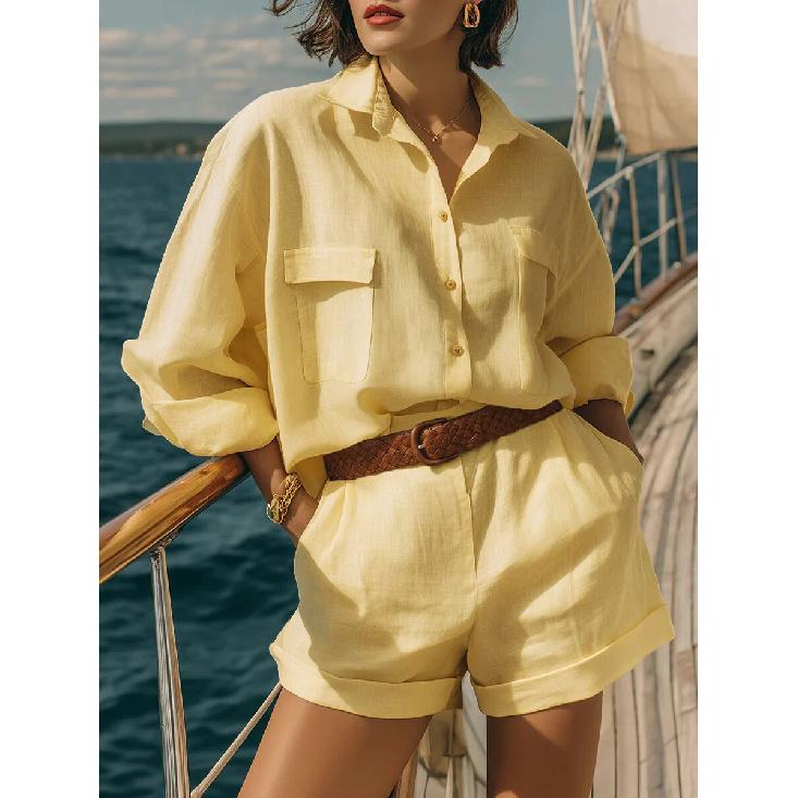 

2026 Spring/Summer Solid Color Cotton-Linen Loose Buttoned Shirt and Shorts Fashion Casual Women s Set S светло-желтого