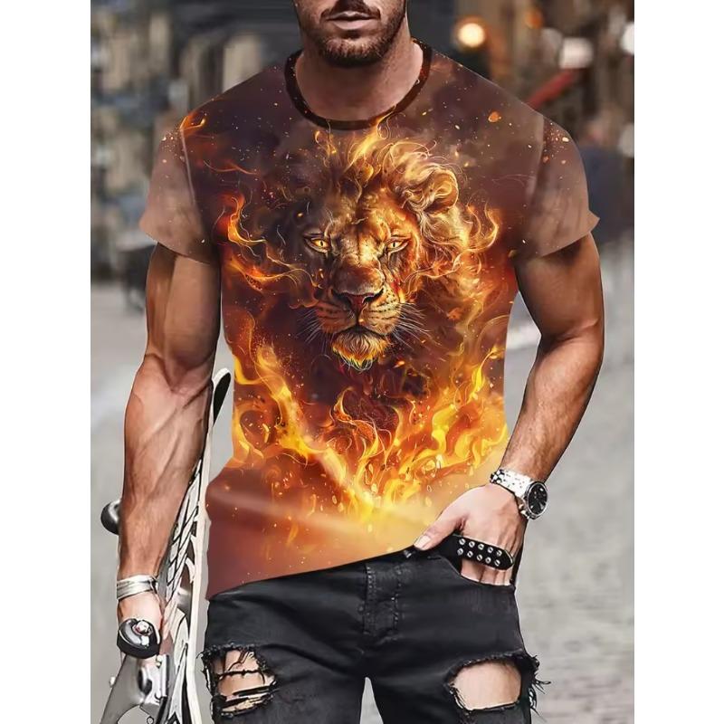 Animal Men's T-shirt 3d Lion Print Men's Tops Casual Short-sleeved Simple T-shirt Summer Round Neck T-shirt Men's Ultra Clothing