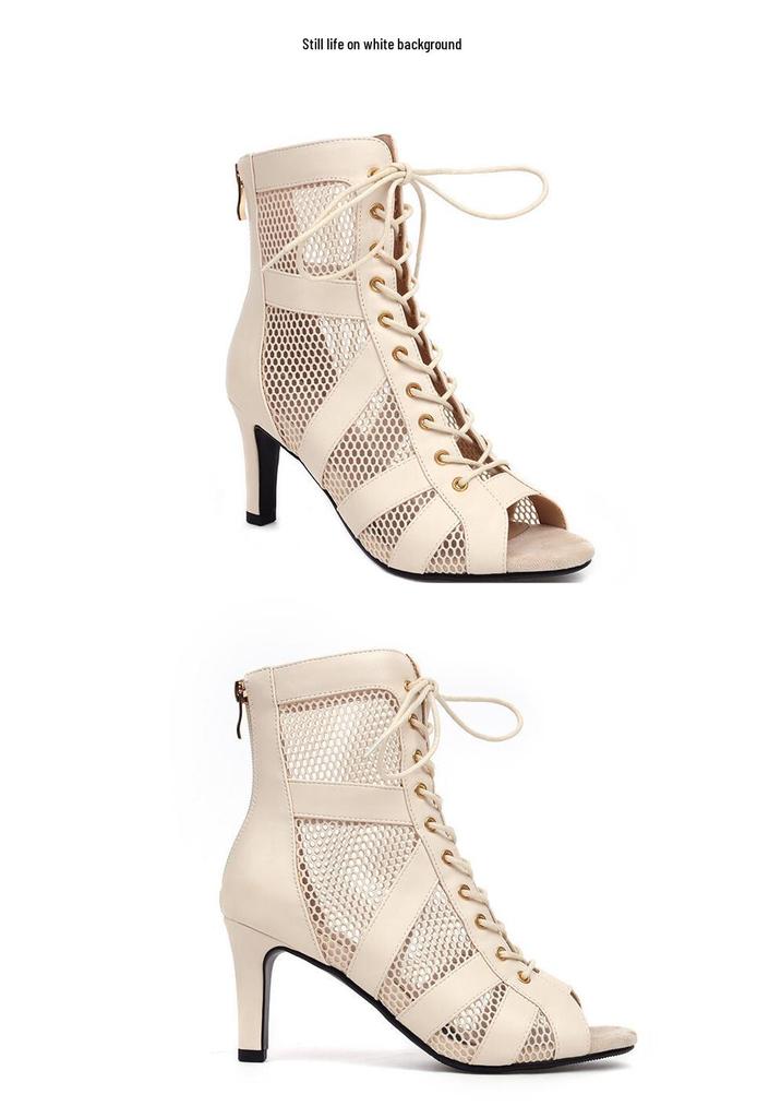 Dames Kant-up Mesh Hoge Hak Jazz Laarzen - Hol Ontwerp en Peep-Toe Dansschoenen, Ook Verkrijgbaar in Grote Maten.