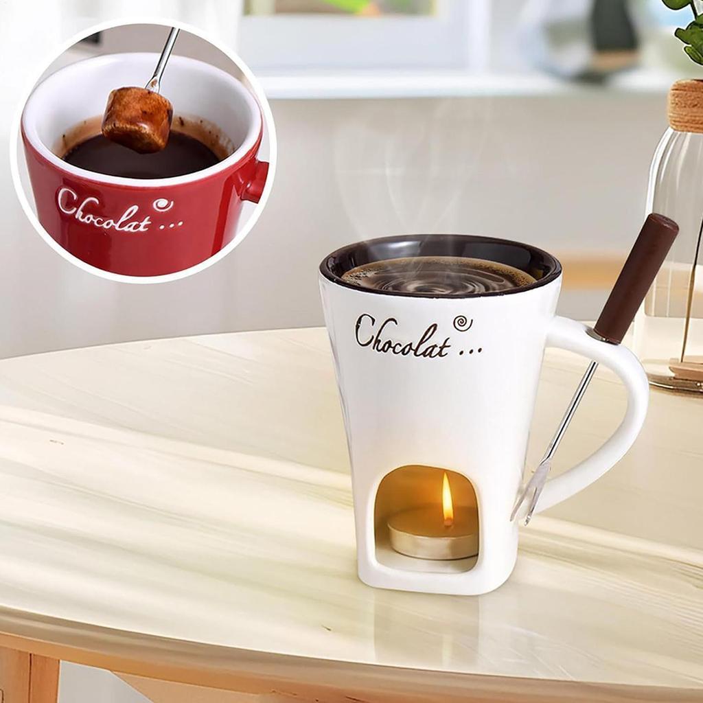 130ml Chocolate Fondue Cup European Candle Cup Ceramic Mug Heating Food Cheese Creative Coffee Mug With Fork  Melter Cups