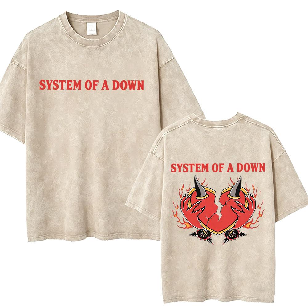 T-shirt Vintage Lavé System Of A Down Homme Rétro Rock Metal T-shirts Oversize Homme Décontracté Coton Haute Qualité
