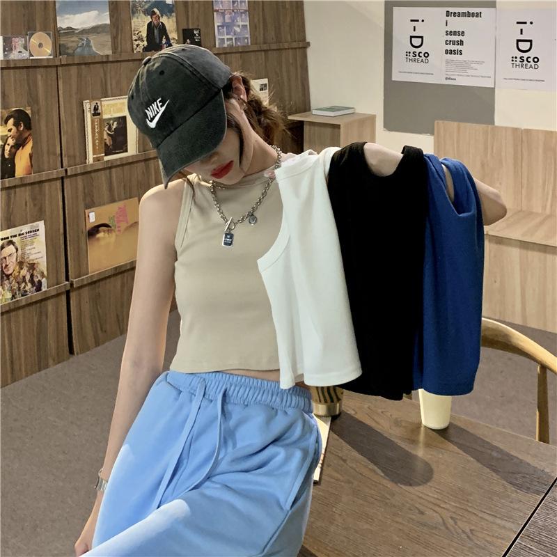 

American small round neck, thin and exposed navel short outer vest, summer new Spice Girl suspender top design sense XL темно-синього кольору