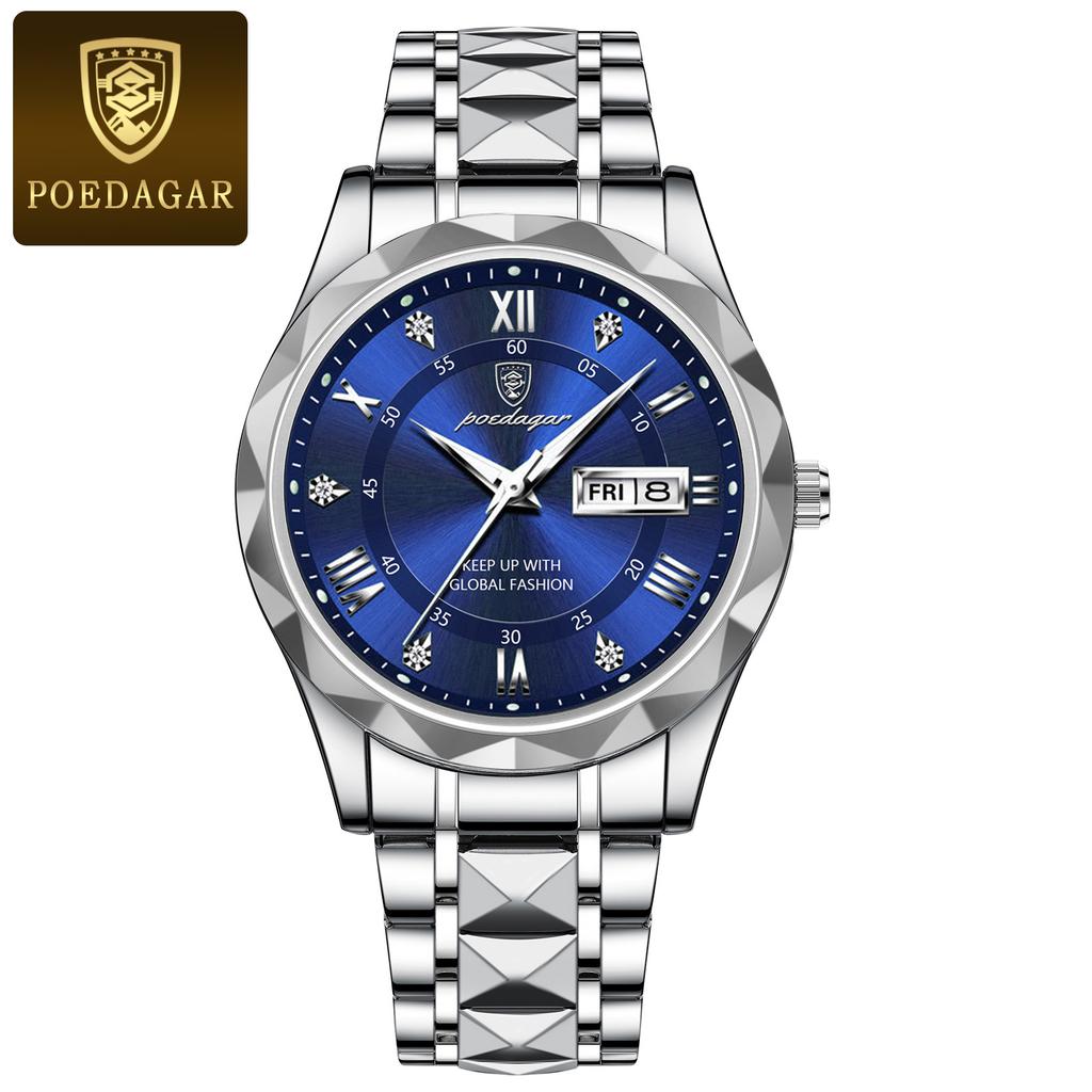 POEDAGAR Top Luxusmarke Herrenuhren Wasserdicht Leuchtend Kalender Wochentag Uhr für Mann Edelstahl Lässige Quarz Uhr