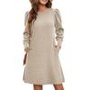 Womens Puff Long Sleeve Dress Casual Knit Crewneck Knee Length Dresses With Pockets