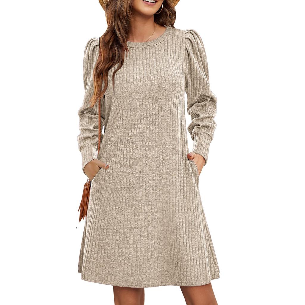 Womens Puff Long Sleeve Dress Casual Knit Crewneck Knee Length Dresses With Pockets
