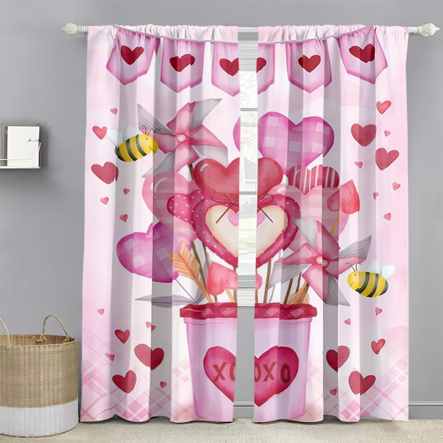 

2PCS Pink Love Bouquet Valentine s Day Curtains Sweet Wind Bedroom Living Room Drawbar Pocket Decorative Curtains 100*130 HOOK 1pcs