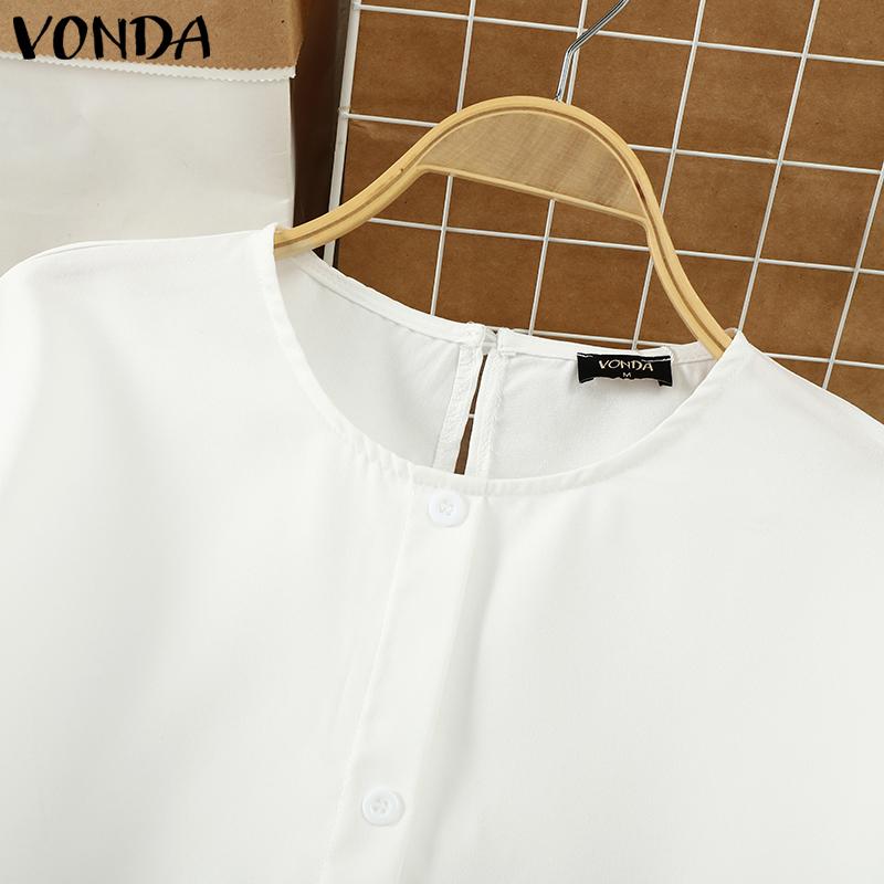 VONDA Damen Sommer Rundhals Spitze Kurzarm Einfarbig Blusen