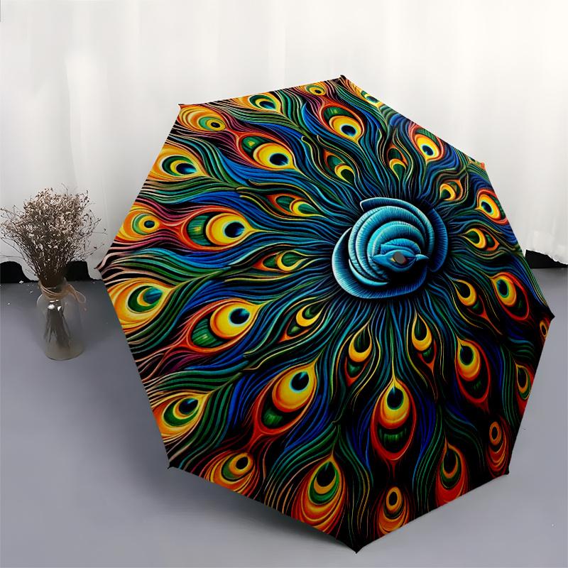 Colorful Peacock Feather Mandala Wall Art PrintUmbrella, Portable 3-Fold Umbrella for Men & Women,Christmas Gift ES148