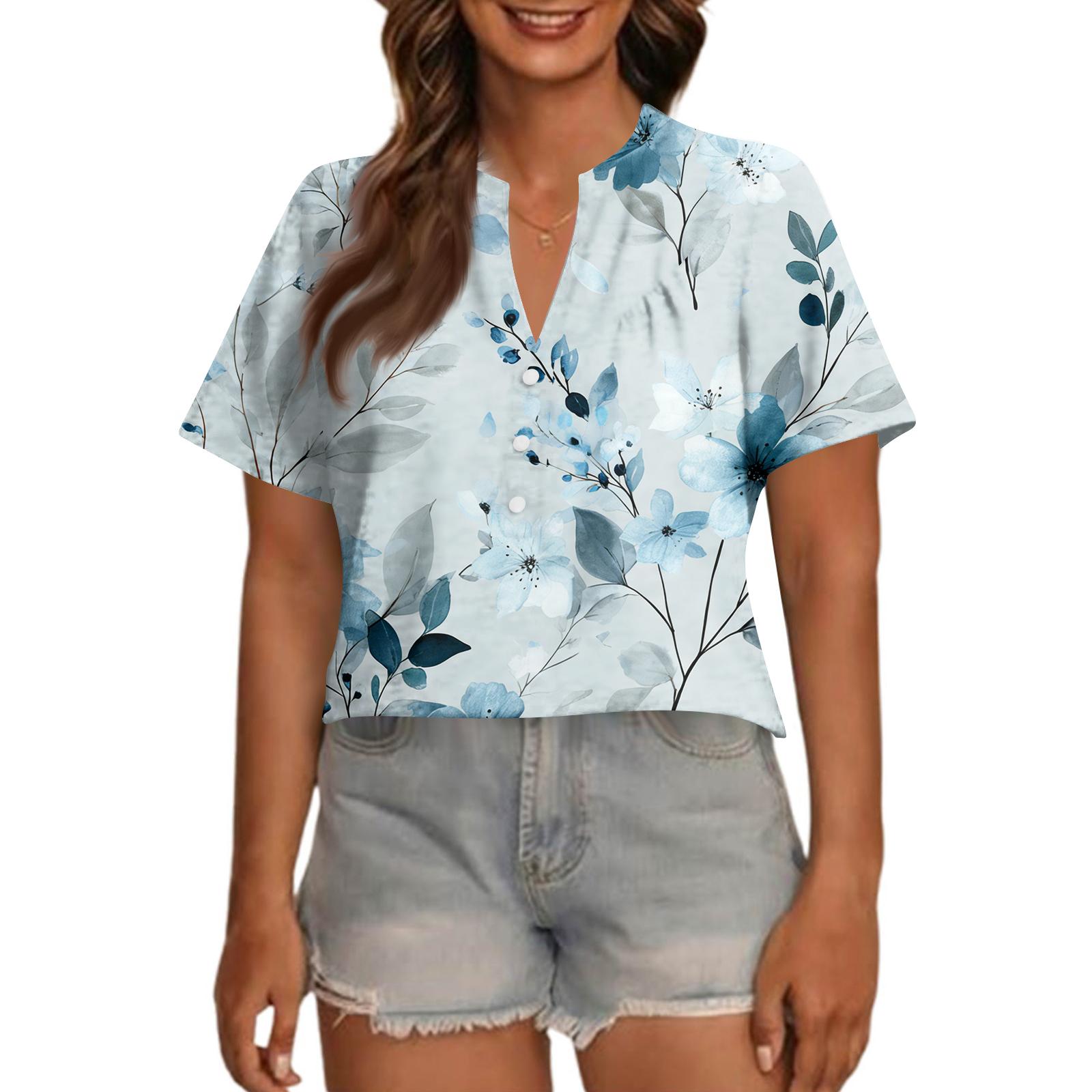 

Women s Fashionable Casual V Neck Button Up Oversized Short Sleeve Printed Top XXXXL синій