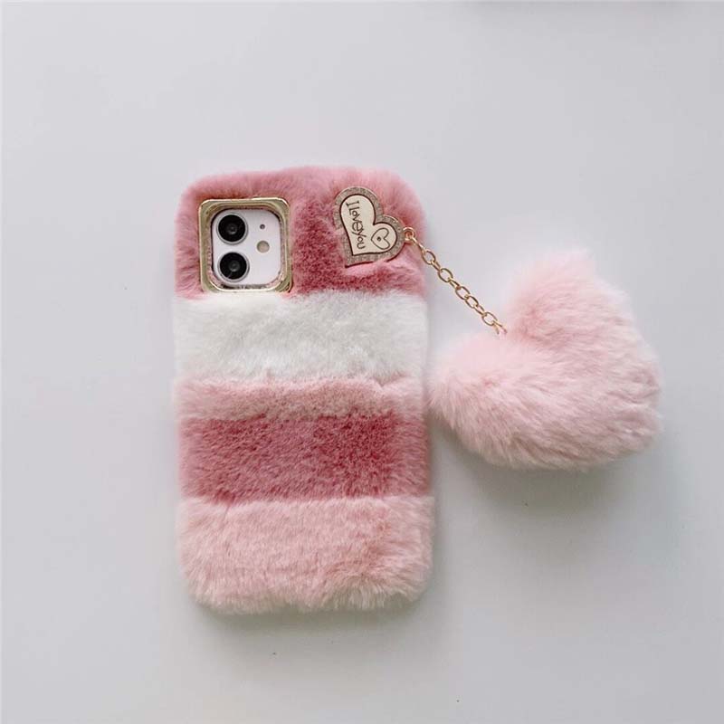 Lovely Love Heart Design Autumn and Winter Long Plush TPU Mobile Phone Cover Case for Iphone X Xr Xs 11 12 13 14 15 16 Pro Max