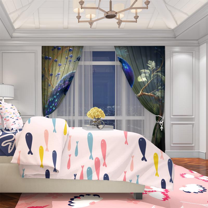 2pcs- Vitality Peacock Polyester Curtains, pole bag curtains 42*84, bedroom, living room, home room decoration