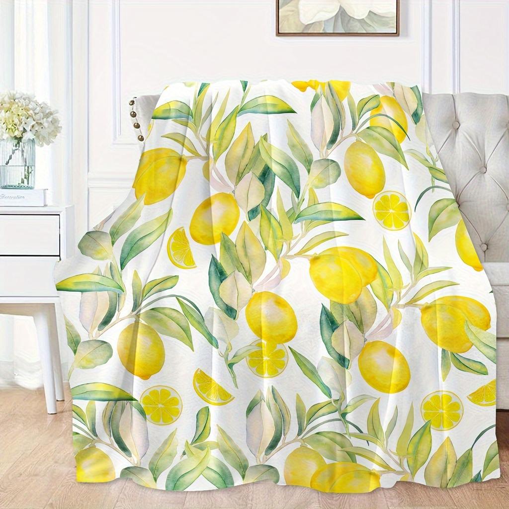 Watercolor Lemon Leaf Flannel Throw Blanket Fresh Yellow Citrus Fruit Summer Lightweight Sofa Blanket