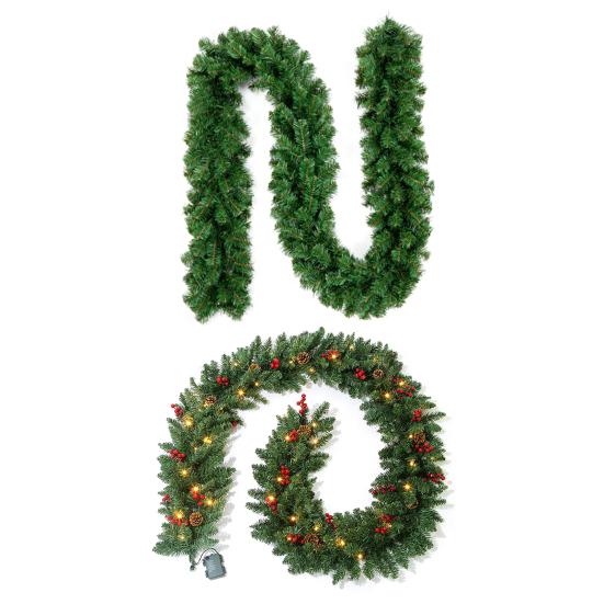 Yousheng 270CM Christmas Artificial Pine Garland with LED Light Red Berries Pinecone Glowing Faux Pine Needle Rattan Mantle Fireplace Porch Hanging