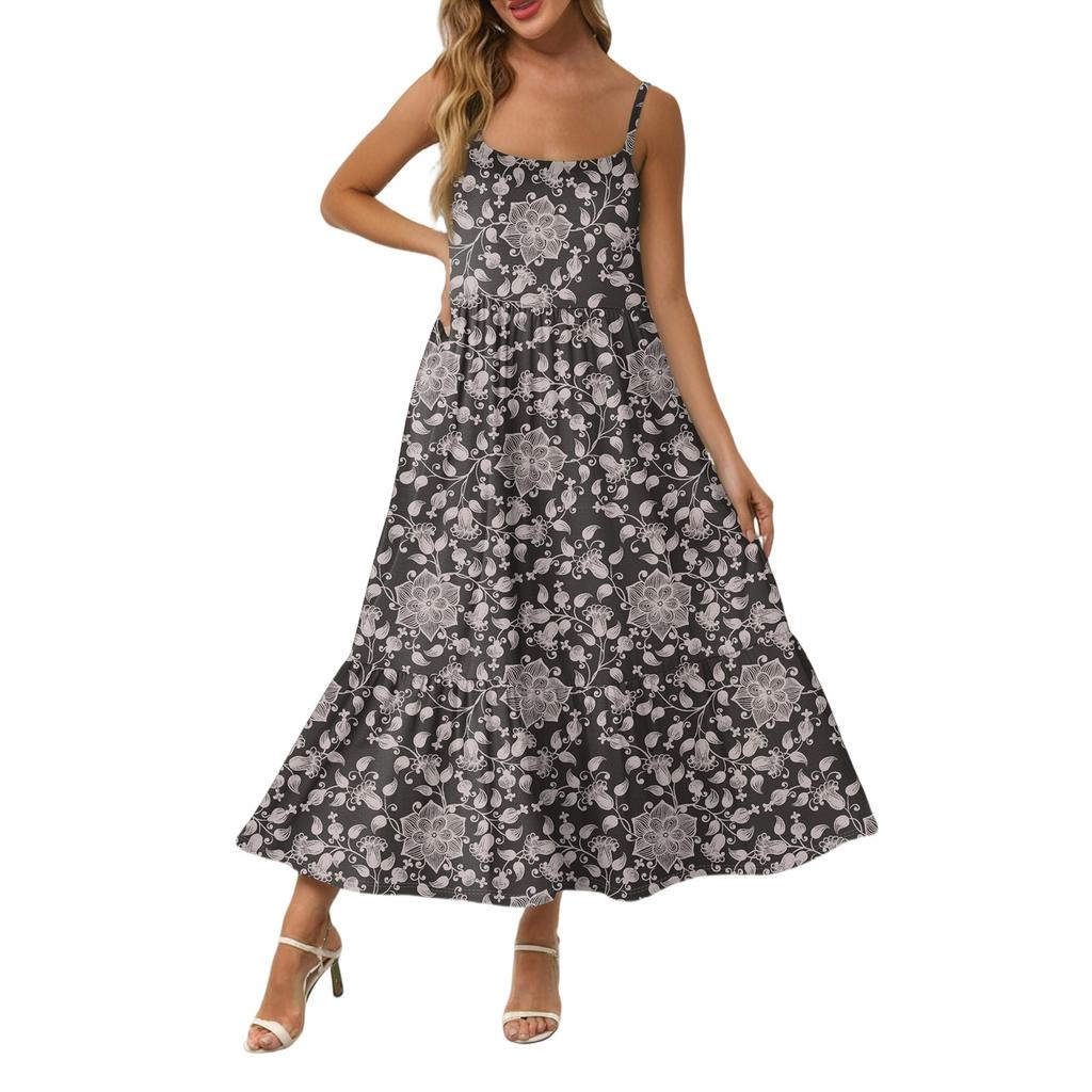 Damen Long Beach Casual Elegant Spaghettiträger Maxikleid Nähte Zurückhaltend Fließendes Bohemian Kleid
