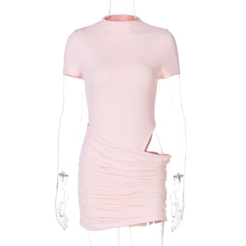 

Shemoda Fashion Style Turtleneck Short Sleeve Dress Women s Patchwork Hidden Hook Sexy Waist Hollow-out Ruched Silm Bodycon Dress Pink L