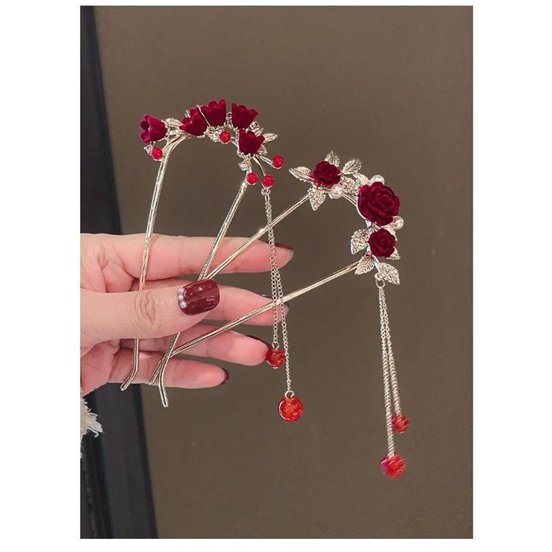 New Chinese Style Rose U Shape Hairpin Women Hanfu Cheongsam Tassel Ancient Style Hair Accessories