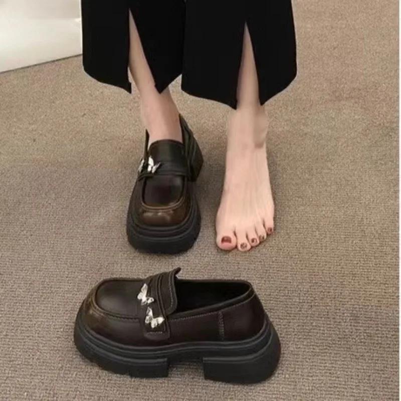 New Butterfly Black Brown Lolita Shoes Women  Casual Platform Mary Jane Female Korean Version Small Leather Shoes High Heels