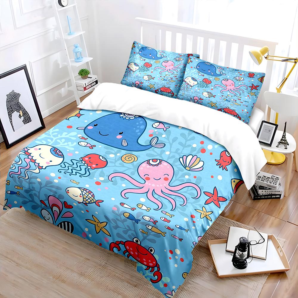 Cartoon Sea Creatures Pattern Bedding Set for Kids Luxury Gift 3pcs Digital Print Comforter Set Soft Comfortable Breathable