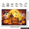 Flat Halloween party backdrop with a haunted house and pumpkin theme featuring the slogan "Happy Halloween".PMJ