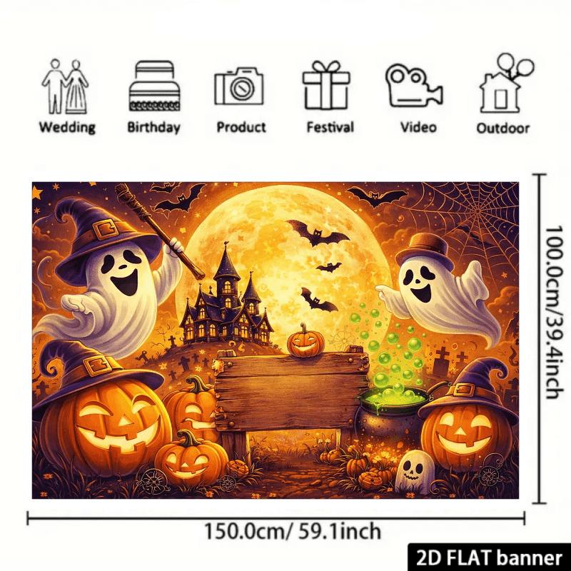 Flat Halloween party backdrop with a haunted house and pumpkin theme featuring the slogan "Happy Halloween".PMJ
