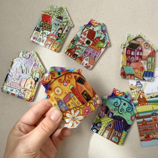 Vintage House Magnet Refrigerator Magnet, Colorful Fairy Tale Town Fridge Magnetic Kitchen Decoration Accessories Artistic Illustration