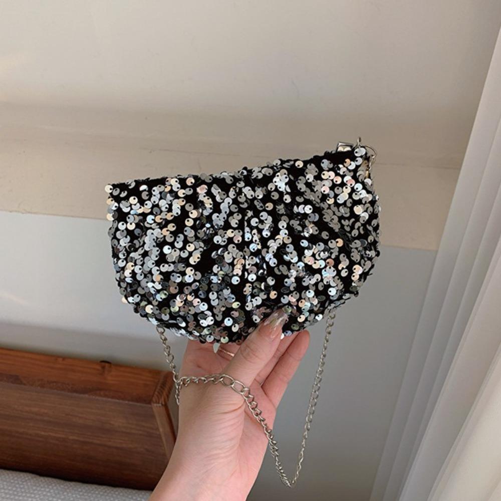 Polyester Sequin Shoulder Bag Zipper Bling Chain Bag Shell Bag Sparkling Crossbody Bag  Women