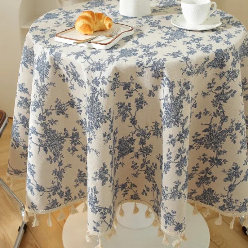 Vintage Round Tablecloth Blue Floral Farmhouse Washable Table Cover for Dining Picnic Indoor Outdoor Kitchen Tabletop Decoration