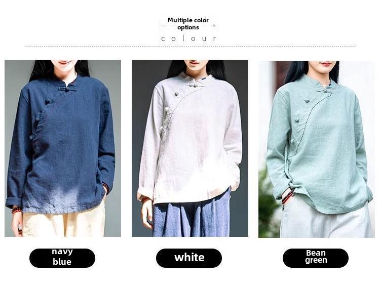 Women's Retro Cotton-Linen Long Sleeve Top - Slim Fit, Stand-Up Collar, Buttoned Shirt for Spring, Summer, and Autumn