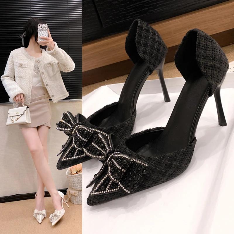 Fashion Women's Single Shoes with Heels Pointed Toe Thin Heels Pearl Bow High Heel Dress Wedding Little Fragrance Zapatillas De Mujer