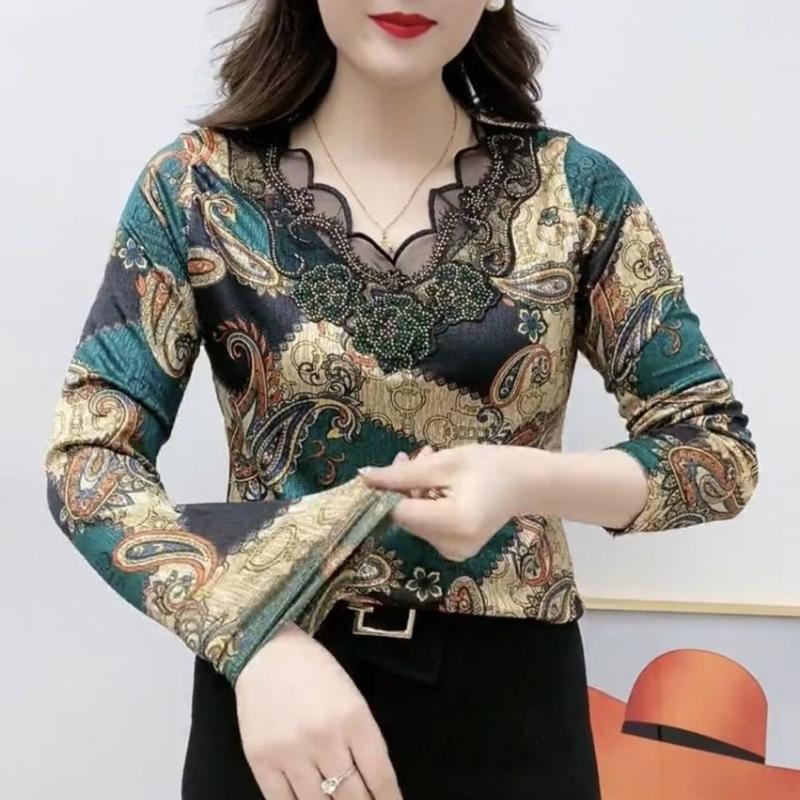 Spring Autumn New Elastic Tshirt Slim Long Sleeve Bottoming Shirt Women's Versatile Fashion Print Pullovers Top L-5XL