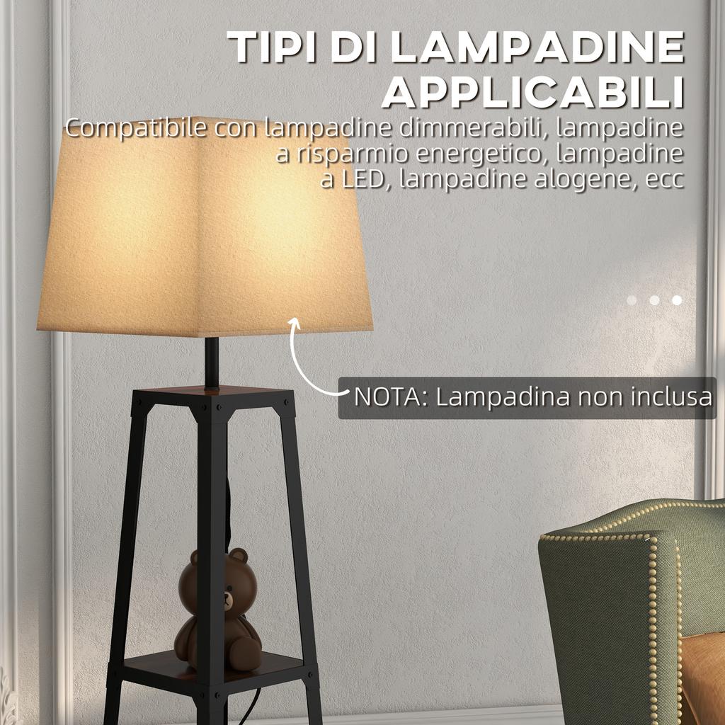 Floor Lamp In Metal and MDF with 3 Shelves with Fabric Shade, Diameter 42x166 Cm, Black and Beige