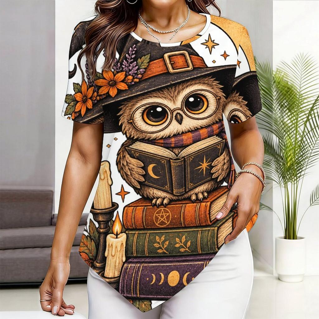 Womens Plus Size Short Sleeve Top Western Cowboy Skeleton Pumpkin Floral Print Irregular Pointed Hem Casual Blouse