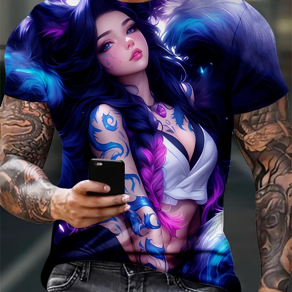 Men's Printed Anime T-Shirt - Comic Style Short Sleeve Round Neck T-Shirt for Casual Wear and Gifts (Durable for All Seasons)