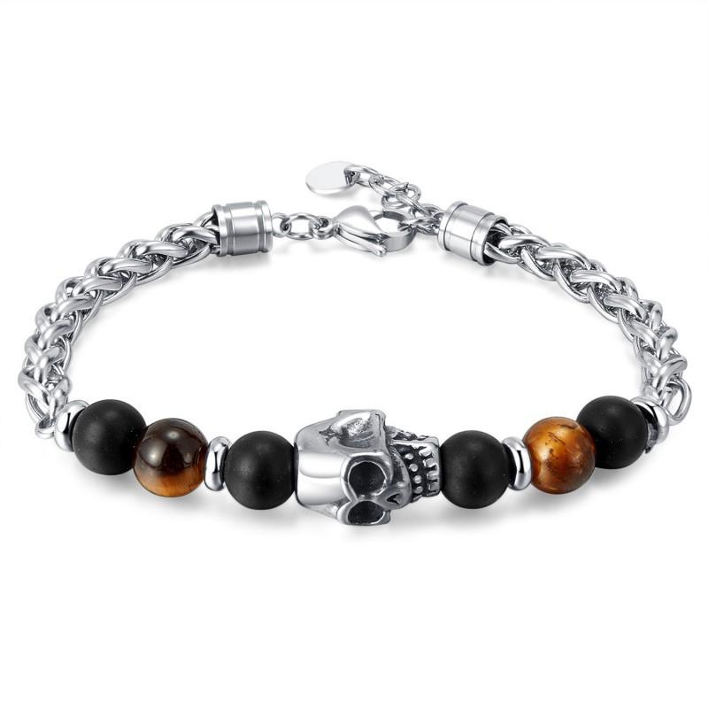

European American Fashion Retro Men s Bracelet Stainless Steel Skull Splicing Tiger Eye Stone Versatile Titanium