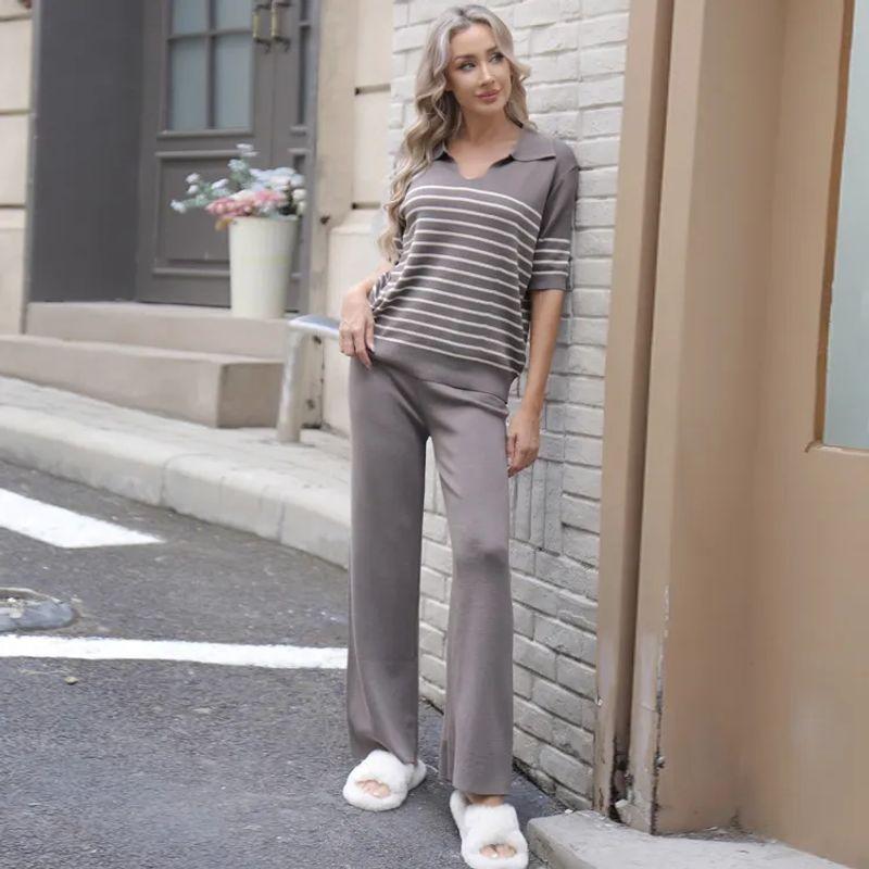

Cross-Border European and American Summer Woolen Two-piece Set Polo Collar Knitted Stripes Women s Suit Loose Casual Trousers Set Women Curry color XXL