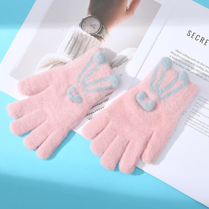 Rękawiczki damskie na zimę dziergane z uroczym króliczkiem z kreskówki, pogrubione, ciepłe, wełniane, z ekranem dotykowym, dla studentów do pisania i jazdy, aby chronić przed falami zimna