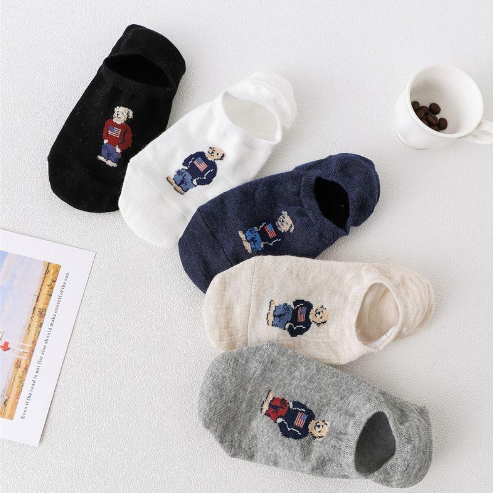 Socks Bear Invisible Cotton Casual Hosiery Men's Boat Socks Korean Style Socks Middle Tube Hosiery