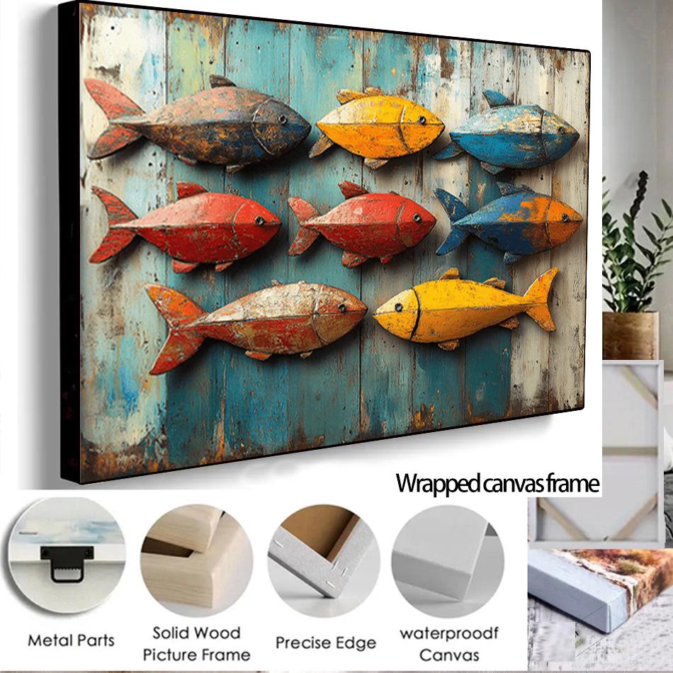 Rustic Wooden Frame Oil Painting of Colorful Fish for Home Decor