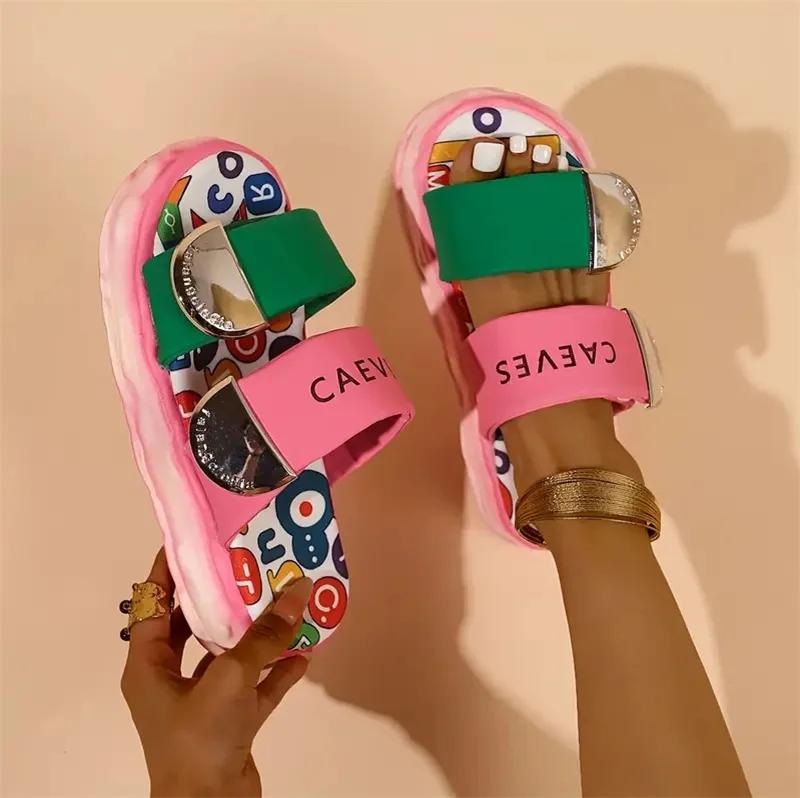 

Fashion Women Slippers Colorful Candy Stripe Designer Slippers Thick Sole Shoes 2025 New Beach Outdoor Casual Style Sandals Slides Women 42 розовый