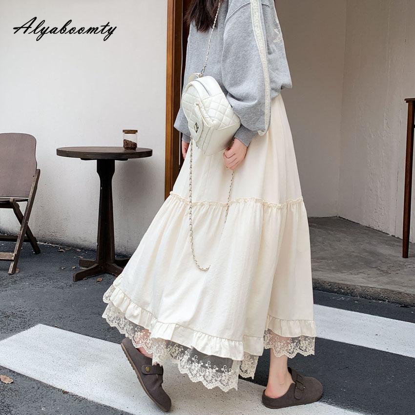 Francouzský Styl Podzim Zima Dámská Princeznovská Midi Sukně Vysoký Pas Černá Béžová Hnědá Krajka Volány Sukně Sladké Elegantní Ženské Sukně