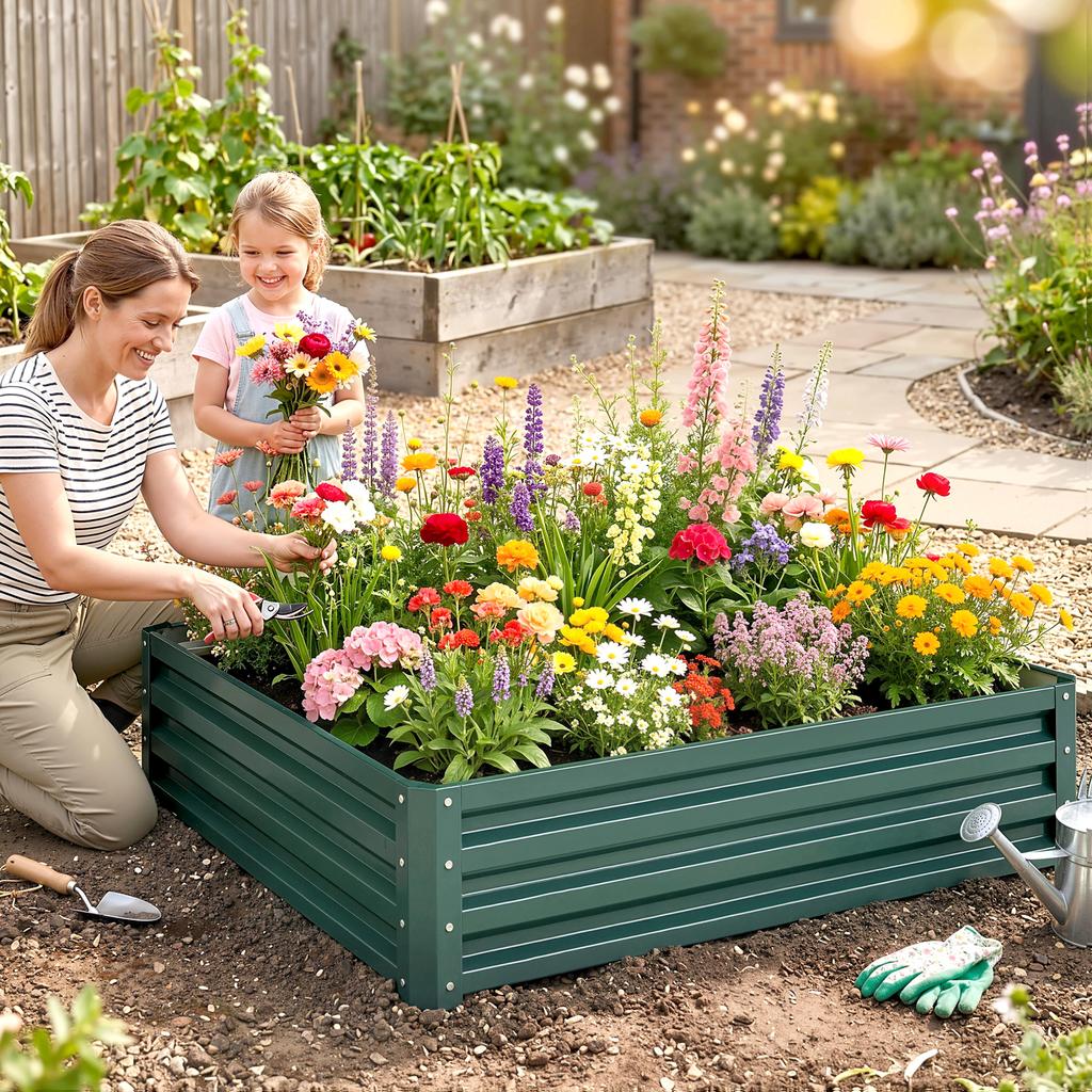 Square Raised Garden Bed Box with Weatherized Steel Frame for Vegetables, Flowers, & Herbs, 120 x 120 x 30cm, Green