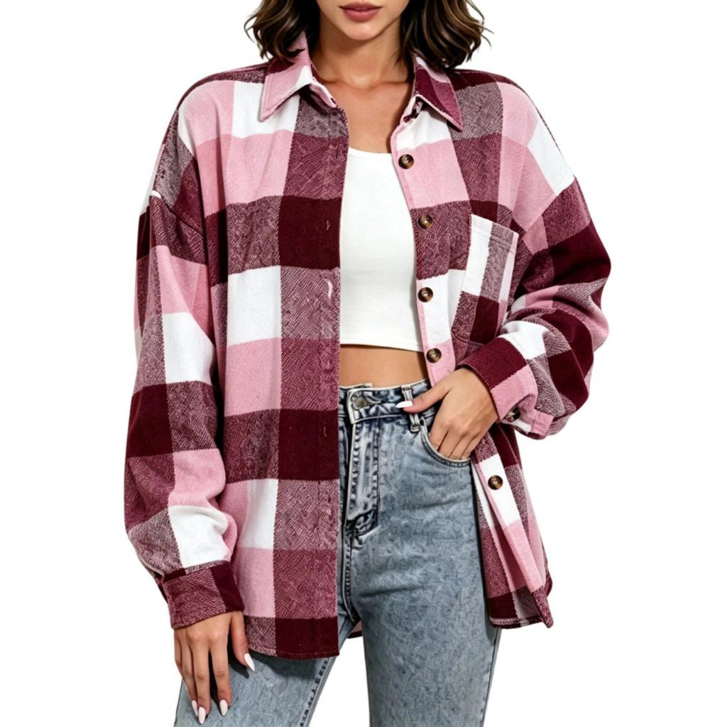 Camisa de Moda para Mujer a Cuadros con Botones Manga Larga Corte Holgado Cuello Blusa para Uso Casual de Trabajo