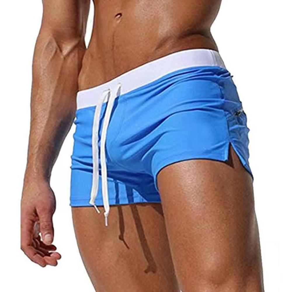 Summer men's solid-colored swimming trunks, loose men's shorts side-split zipper drawstring swimming trunks, back pockets, sports vacation beach pants