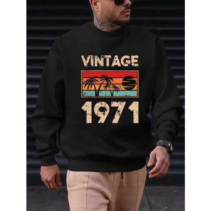 Men's Casual Crew Neck Sweatshirt With Vintage 1971 Print, Regular Fit Long Sleeve For Spring Autumn.