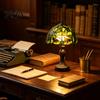 Vintage Banker Lamp for Office Retro Green Stained Glass Desk Lamp, Hand-Carved Resin Base Tiffany Style Decorative Lighting Bar Table Light
